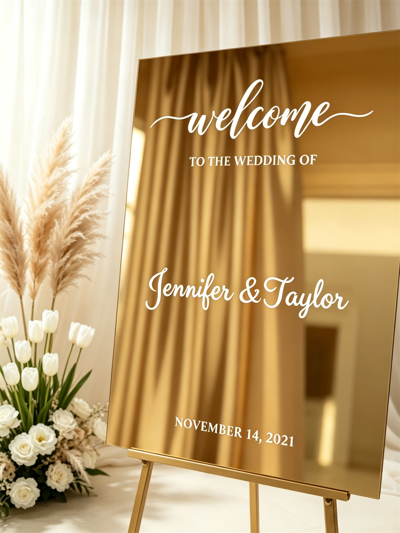 Mirror acrylic welcome signs, golden mirror wedding direction signs, custom wedding direction signs, ceremony welcome signs
